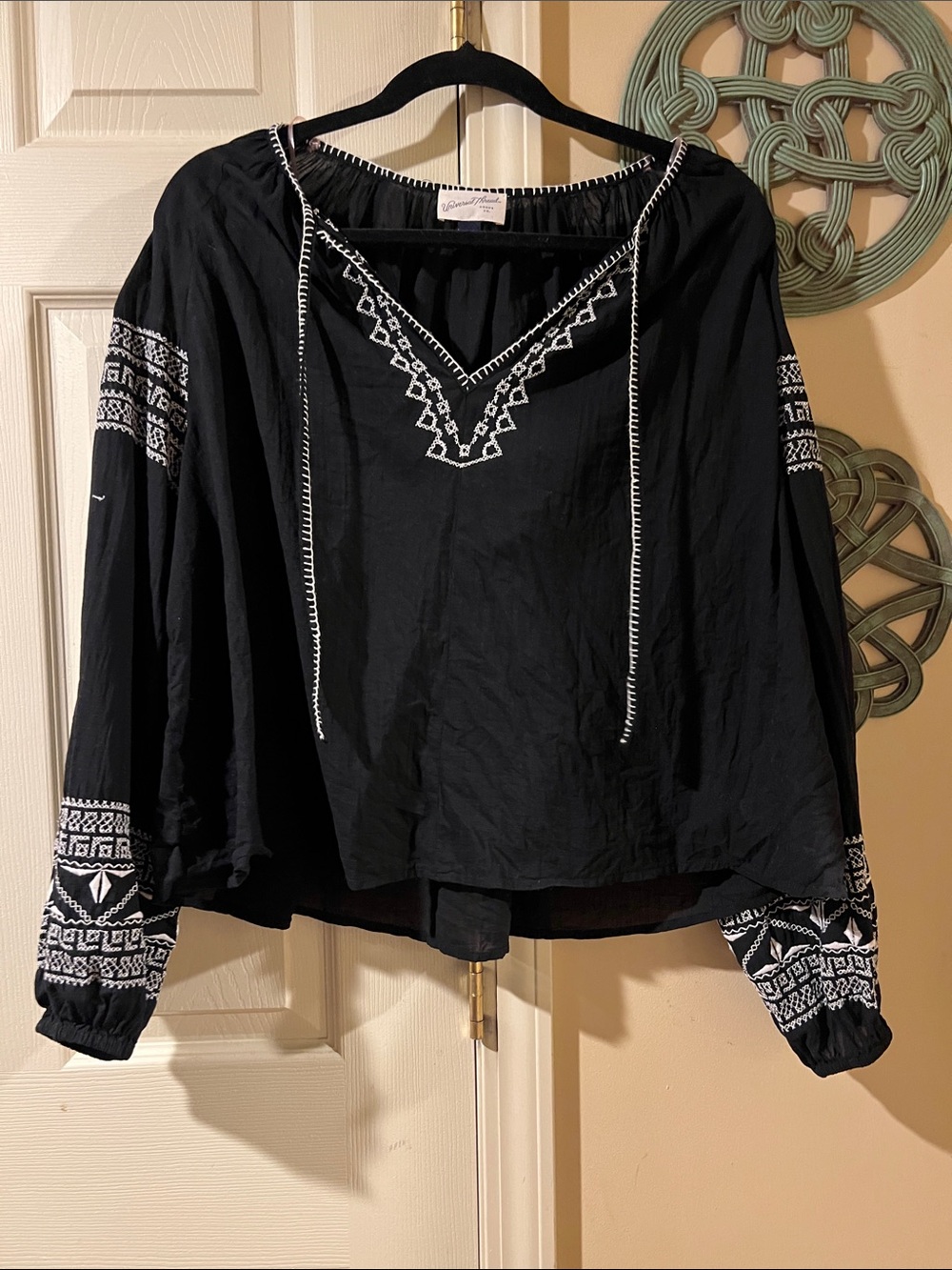 Boho Festival Peasant Blouse Black with White Embroidery